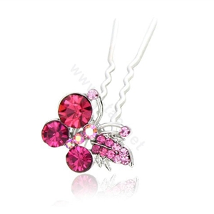 U Shape HairPin Crystal Rhinestone Butterfly Metal Hair Comb Clip Fork Stick - Pink