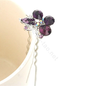 U Shape HairPin Crystal Rhinestone Butterfly Metal Hair Comb Clip Fork Stick - Purple