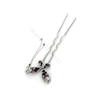 U Shape HairPin Crystal Rhinestone Butterfly Tassel Hair Comb Clip Fork Stick - Purple
