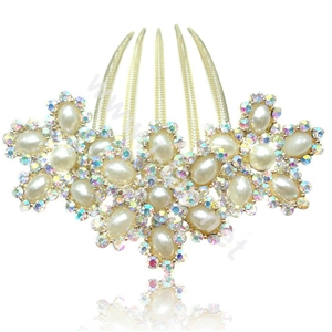 Elegant Hair Accessories Rhinestone Crystal Pearl Flower Alloy Hair Combs Clip - White