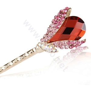 Elegant Rhinestone Crystal Flower Hairpin Hair Clasp Clip Fork Stick - Red