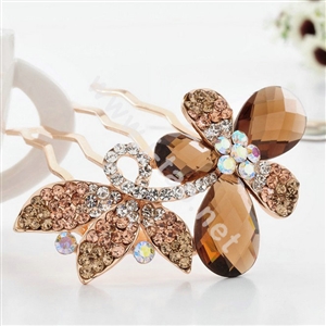 Hair Accessories Alloy Rhinestone Crystal Butterfly Hair Pin Clip Fork Combs - Coffee