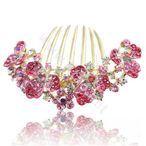 Hair Accessories Alloy Rhinestone Crystal Flower Bride Hair Combs Clip - Pink