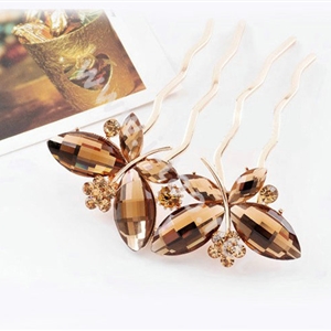 Hair Accessories Crystal Rhinestone Alloy Butterfly Hair Pin Clip Fork Combs - Coffee