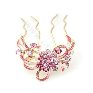 Hair Accessories Crystal Rhinestone Flower Alloy Hair Pin Clip Comb - Pink