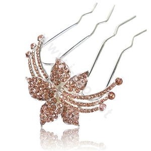 Hair Accessories Flower Alloy Crystal Rhinestone Hair Pin Clip Fork Combs - Champagne