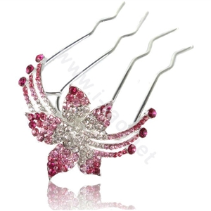 Hair Accessories Flower Alloy Crystal Rhinestone Hair Pin Clip Fork Combs - Pink