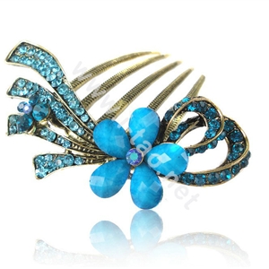 Hair Accessories Retro Flower Rhinestone Crystal Alloy Hair Combs Clip - Blue