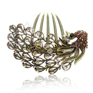 Hair Accessories Rhinestone Crystal Antique Peacock Alloy Hair Clip Combs - Coffee