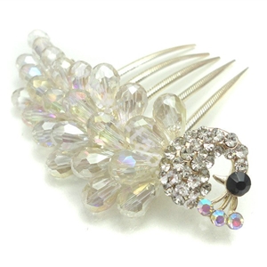 Hair Accessories Rhinestone Crystal Beads Peacock Alloy Hair Clip Combs - White