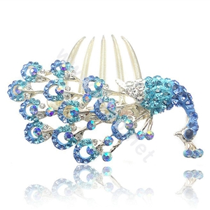 Hair Accessories Rhinestone Crystal Peacock Alloy Hair Combs Clip - Sky blue