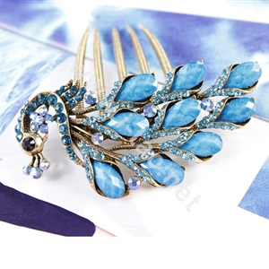 Hair Accessories Rhinestone Crystal Retro Peacock Alloy Hair Clip Combs - Blue