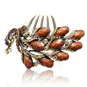 Hair Accessories Rhinestone Crystal Retro Peacock Alloy Hair Clip Combs - Coffee