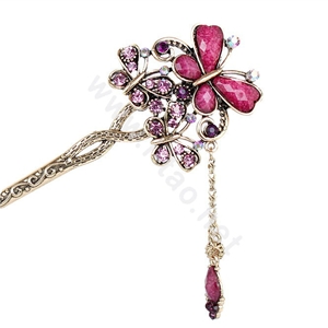 Retro Tassel Crystal Rhinestone Butterfly Hairpin Hair Clasp Clip Fork Stick - Purple