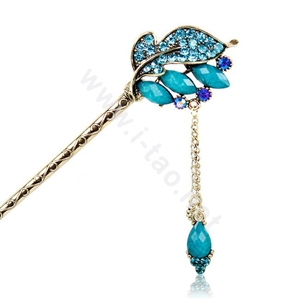 Retro Tassel Crystal Rhinestone Leaf Hairpin Hair Clasp Clip Fork Stick - Blue