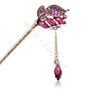Retro Tassel Crystal Rhinestone Leaf Hairpin Hair Clasp Clip Fork Stick - Purple