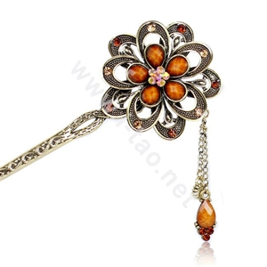 Retro Tassel Rhinestone Crystal Flower Hairpin Hair Clasp Clip Fork Stick - Coffee