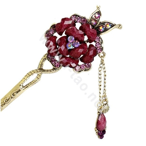 Retro Tassel Rhinestone Crystal Flower Hairpin Hair Clasp Clip Fork Stick - Purple