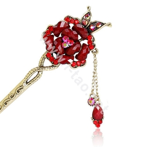 Retro Tassel Rhinestone Crystal Flower Hairpin Hair Clasp Clip Fork Stick - Red