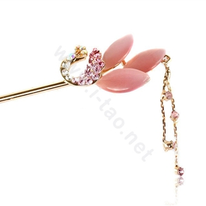 Retro Tassel Rhinestone Crystal Peacock Hairpin Hair Clasp Clip Fork Stick - Pink