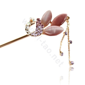 Retro Tassel Rhinestone Crystal Peacock Hairpin Hair Clasp Clip Fork Stick - Purple
