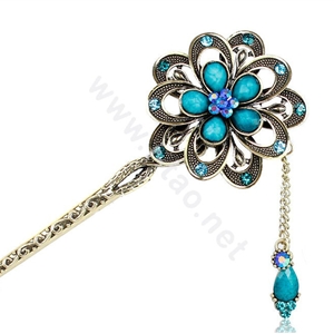 Retro Tassel Rhinestone Crystals Flower Hairpin Hair Clasp Clip Fork Stick - Blue