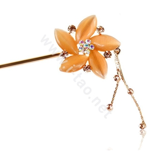 Retro Tassel Rhinestones Crystal Flower Hairpin Hair Clasp Clip Fork Stick - Champagne