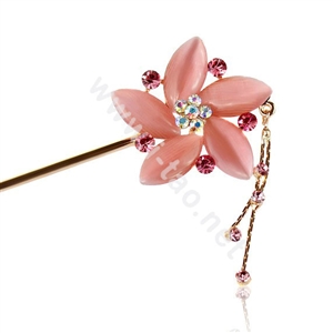 Retro Tassel Rhinestones Crystal Flower Hairpin Hair Clasp Clip Fork Stick - Pink