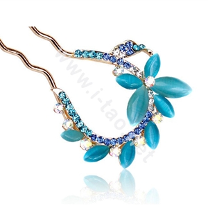 U Shape HairPin Rhinestone Crystal Butterfly Hair Clip Comb Fork Stick - Blue