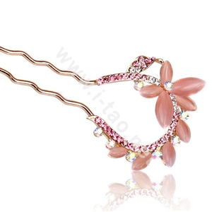 U Shape HairPin Rhinestone Crystal Butterfly Hair Clip Comb Fork Stick - Pink