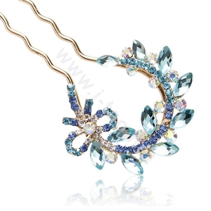 U Shape HairPin Rhinestone Crystal Flower Hair Clip Comb Fork Stick - Blue