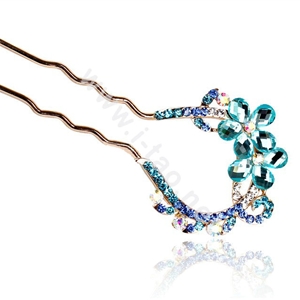 U Shape HairPin Rhinestone Crystal Flower Hair Comb Clip Fork Stick - Blue
