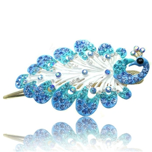 Crystal Rhinestone Peacock Bridal Hairpin Duckbill Clip Hair Slide Clamp - Blue