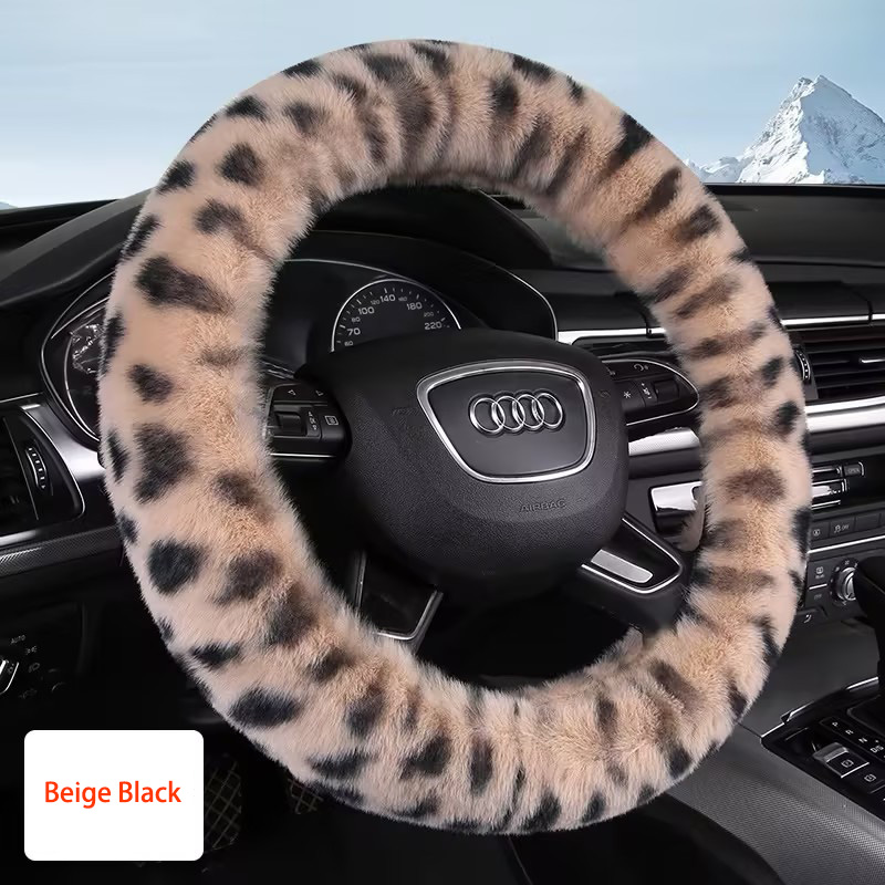 Auto Car Steering Wheel Cover Leopard Plush Diameter 15 inch 38CM - Beige Black