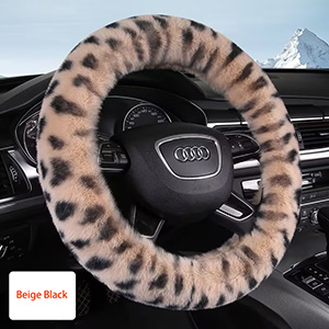 Auto Car Steering Wheel Cover Leopard Plush Diameter 15 inch 38CM - Beige Black