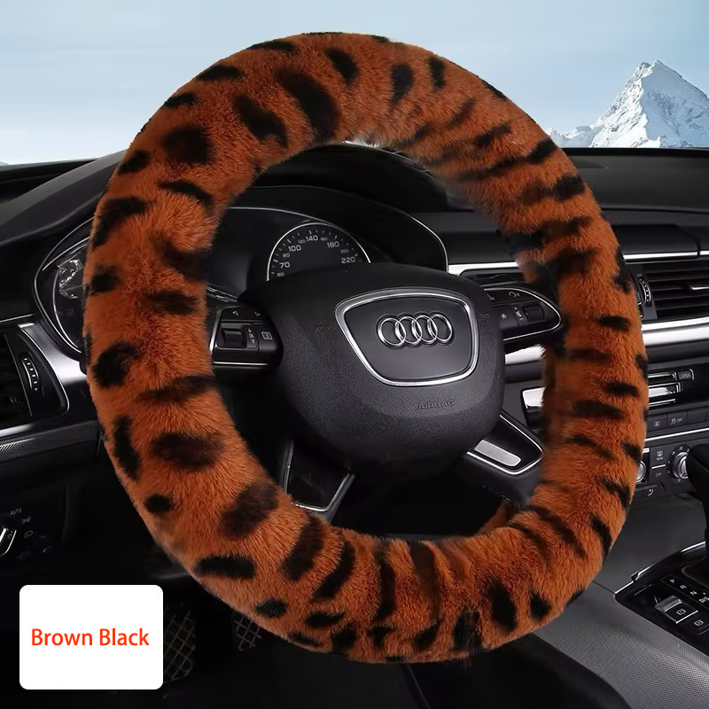 Auto Car Steering Wheel Cover Leopard Plush Diameter 15 inch 38CM - Brown Black