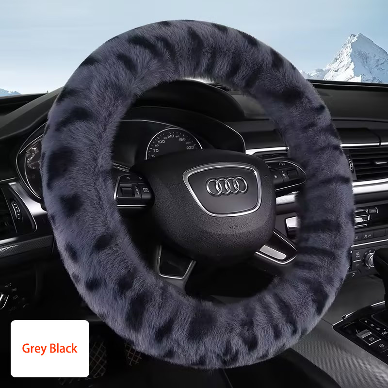 Auto Car Steering Wheel Cover Leopard Plush Diameter 15 inch 38CM - Grey Black