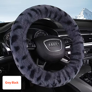 Auto Car Steering Wheel Cover Leopard Plush Diameter 15 inch 38CM - Grey Black