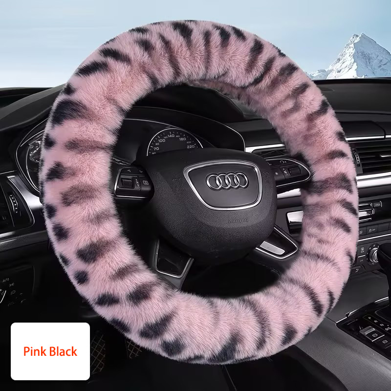 Auto Car Steering Wheel Cover Leopard Plush Diameter 15 inch 38CM - Pink Black