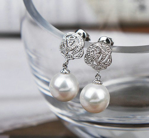 10X25mm White south sea shell pearl earrings Rose 925 sterling silver earrings