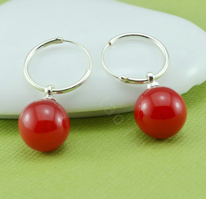 10X25mm Red south sea shell pearl earrings 925 sterling silver hoop earrings