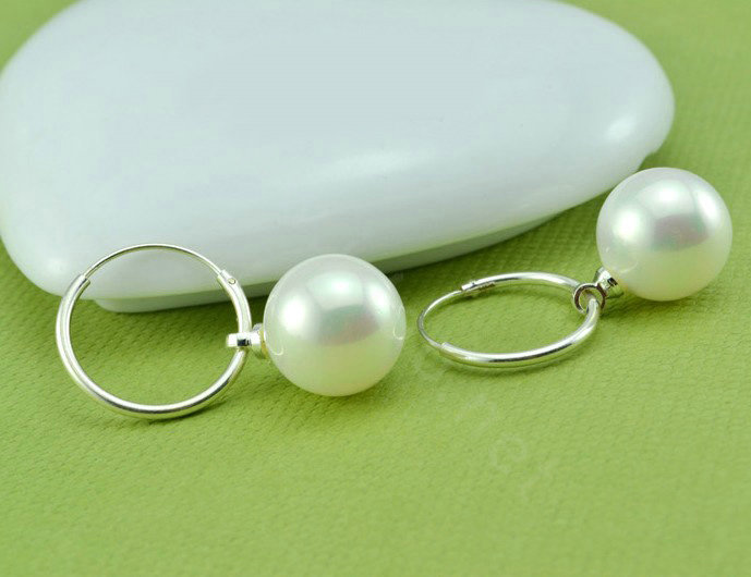 10X25mm White south sea shell pearl earrings 925 sterling silver hoop earrings