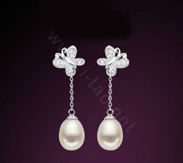 925 sterling silver Butterfly earrings White shell pearl long Eardrop 34X10mm