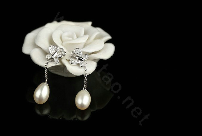 925 sterling silver Butterfly earrings White shell pearl long Eardrop 34X10mm