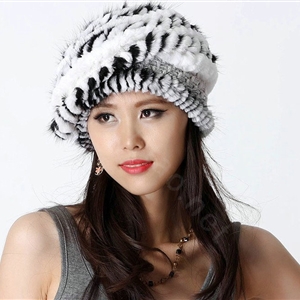 Autumn and Winter Women Knitted Rex Rabbit Mink Fur Beret Hats Warm Caps - White
