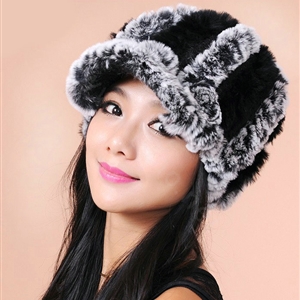 Autumn and winter Women's Knitted Rex Rabbit Fur Hats beret hat Stripe Warm Caps - Black Grey