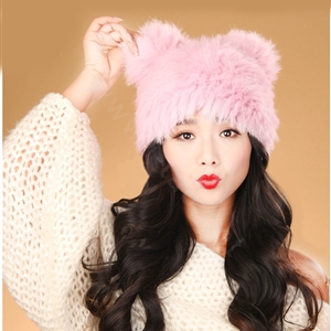 Child kids Rabbit Fur Hat Knitted Thicker Winter Warm Cute Baby female Caps - Pink