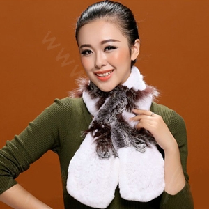 Fashion Women Knitted Rex Rabbit Fur Scarf Winter warm Flower Neck wraps - Coffee White