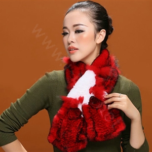 Fashion Women Knitted Rex Rabbit Fur Scarf Winter warm Flower Neck wraps - Red White