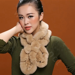 Fashion Women Knitted Rex Rabbit Fur Scarves Winter warm Flower Wave Neck wraps - Beige
